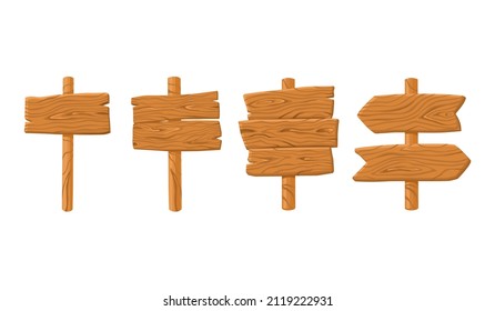 Wooden plaques set on a white isolated background. Pointer. Rustic board. Vector cartoon illustration.