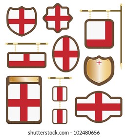 wooden plaques and signs with england flags isolated on white