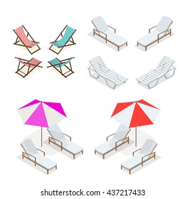 Wooden and plastic beach chairs. Flat 3d vector isometric illustration. Idyllic travel elements. 