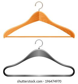 Wooden and plastic clothes hangers.