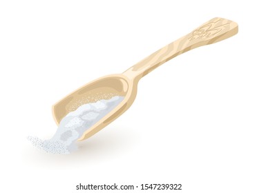 Wooden or plastic scoop with white powdered salt or sugar. Wheat flour spilling out from kitchen shovel, ladle, bailer. Vector cartoon illustration for advertisement, packing isolated on white.