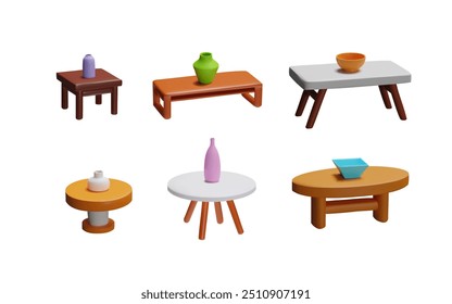 Mesa de madeira ou plástico com boliche ou vaso 3D plástico estilo ícones vetoriais definido. Suporte retangular de volume e mesa redonda para jantar ou sala de estar. Design de interiores de móveis de desenhos animados isolado