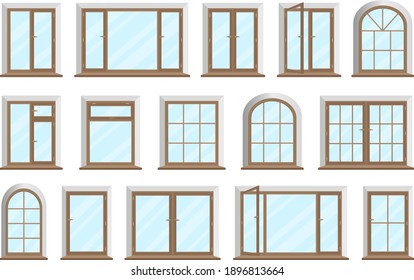 Wooden and plastic windows.Set of windows and frames for home or office with transparent glass.Wood and PVC materials for design elements.Flat vector illustration.