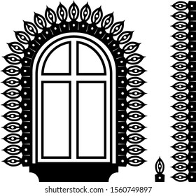 Wooden platbands on the Russian hut. Folk ornament. Wooden architecture. Template. Vector image