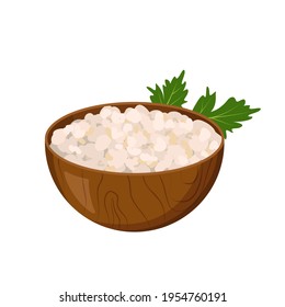 Wooden plate with cottage cheese and a sprig of parsley. Curd icon. A source of vitamin A. Healthy food and breakfast. Farm product. Vector flat illustration