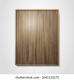 Wooden plate design element, empty wood frame or plate hanging on the wall for design uses in 3d illustration