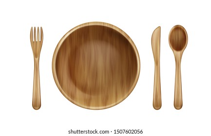 Wooden plate, fork, spoon and knife top view isolated on white background, table setting with empty round wood dish for food and cutlery made of natural eco material. Realistic 3d vector illustration