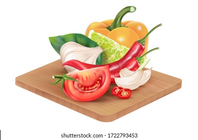 Wooden plate with ingredients of herbs. Realistic vector in 3d illustration.