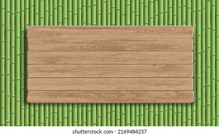 Placa de madera en una valla de bambú. Fondo del texto. Plantilla de vector