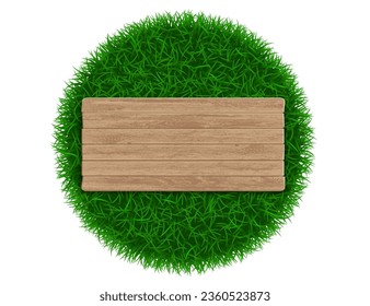 Wooden plate on green grass background. Isolated on white background. vector template.