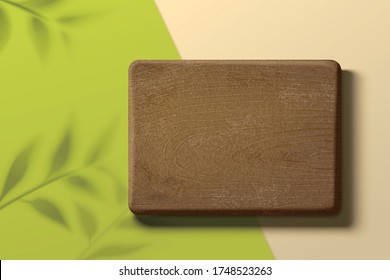 Wooden plate for organic product display decorated with blurred leaf shadows, 3d illustration