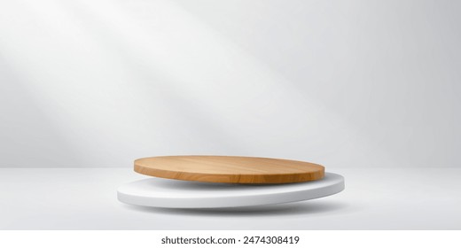 Wooden plate podium and white stage. Realistic 3d vector wood round platform or showcase on white wall background with soft lighting, for displaying cosmetic products, presentation or exhibition