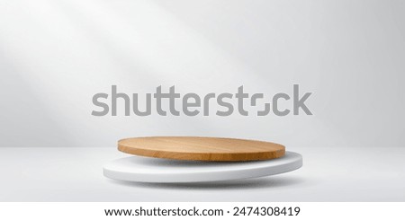 Wooden plate podium and white stage. Realistic 3d vector wood round platform or showcase on white wall background with soft lighting, for displaying cosmetic products, presentation or exhibition