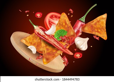 Wooden plate of potato chips explosion with chili, tomatoes, garlic splashing elements on solid color background. Vector realistic in 3D illustration.