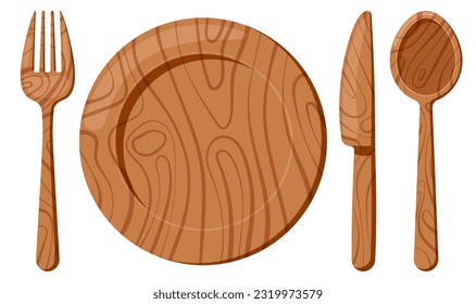 hölzerner Teller mit Löffelmesser, einzeln auf weißem Hintergrund. Bester Blick auf braunes Holzwerkstoff Besteck und Servierplatte für die Lebensmitteldesign-Vorlage. Vektorflache Design-Cartoon-Stil-Illustration.