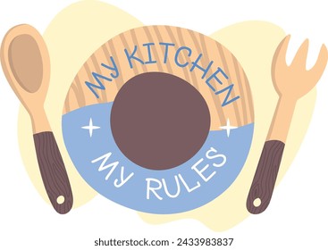 Wooden plate text, spoon fork sides, kitchen decor theme. Home cooking dining utensil illustration. Personal culinary space vector illustration