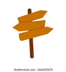 The wooden plate of the way pointers. Brown color, vintage pointer on a white background. Three way choices. Vector