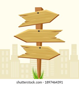 The wooden plate of the way pointers. Brown color, vintage pointer on a white background. Three way Direction sign. Vector
