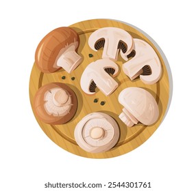 Wooden plate with whole and sliced mushrooms arranged on top. Culinary ingredient concept for kitchen decor, recipe book, and poster design.
