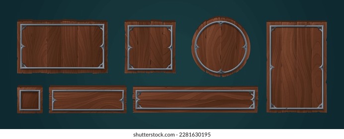 Wooden plates with metal frames for game ui design. Wood signs, panels and planks different shapes with medieval iron borders, vector cartoon set isolated on background