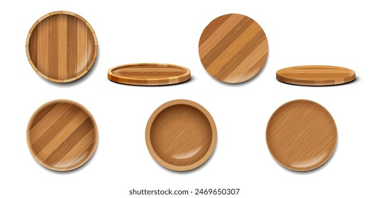 Wooden plates, pizza boards,realistic 3d vector set. Eco-friendly kitchen utensils made of wood isolated on white background