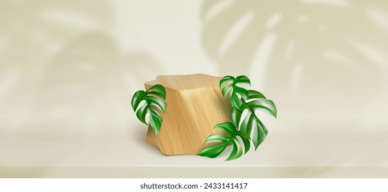 Wooden platform and monstera leaves on light beige background. Vector realistic illustration of wood podium for organic cosmetic or beauty product presentation, tropical plant leaf shadow on wall