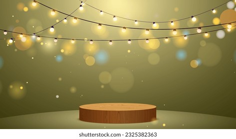 wooden podium with hanging neon light in gold room