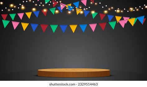 wooden podium with hanging neon light and hanging colorful flags in dark room