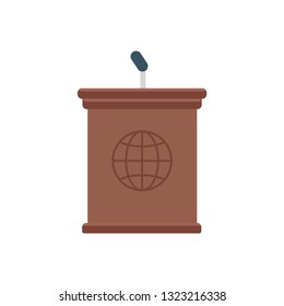 Wooden podium with a microphone. Speeches. Information. Vector illustration. EPS 10.