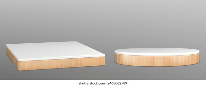 Wooden podium mockup for product display and promotion. Realistic 3d vector illustration set of cylinder and square box goods stage. Promo pedestal template fir natural and eco presentation.