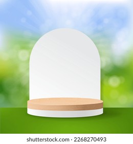 Wooden Podium Nature Background With Bokeh 
With Gradient Mesh, Vector Illustration