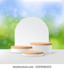 Wooden Podium And Nature Background With Gradient Mesh, Vector Illustration