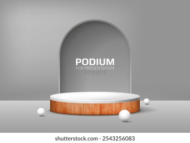 Pódio de madeira no arco de fundo. Pedestal vazio para apresentação do produto. Conceito de plataforma minimalista com textura de madeira. Ilustração vetorial.