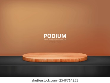 Wooden podium on blank dark space. Empty pedestal for product presentation. Minimalist platform concept with wooden texture. Vector illustration.