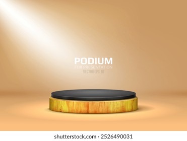 Wooden podium on light background. Empty pedestal for product presentation. Minimalist platform concept with wooden texture. Vector illustration.