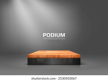 Wooden podium on light background. Empty pedestal for product presentation. Minimalist platform concept with wooden texture. Vector illustration.
