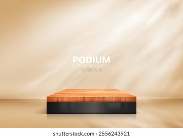 Wooden podium on light background with rays of light and shadows. Empty pedestal for product presentation. Minimalist platform concept with wooden texture. Vector illustration.