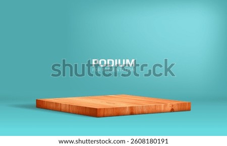 Wooden podium on light background. Empty pedestal for product presentation. Minimalist platform concept with wooden texture. Vector illustration.