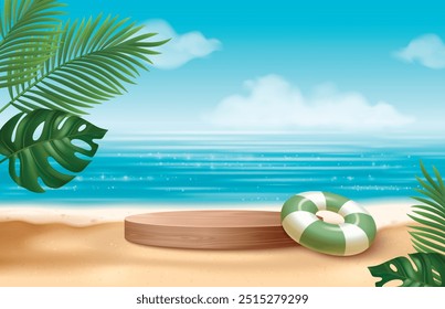 Wooden podium on summer beach background. Vector realistic illustration of round platform for product presentation, exotic plant leaves, rubber ring on sandy coast, blue sea water, sky with clouds