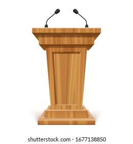 Wooden Podium Or Pedestal With Microphone, Stand For Speech Or Public Pulpit For Orator. Vector Tribute For Press Conference Or Media, Politics Communication. Grandstand Or 3d Platform. Audience