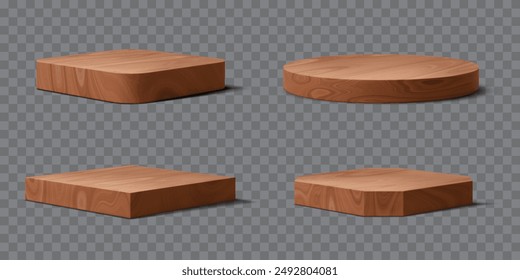 Wooden podium, platform display stage. Isolated realistic 3d vector four round and square wood scenes for showcasing beauty or natural cosmetic products, speeches, advertisements and presentations