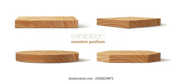 Pódium de madera, tablero de la etapa de la exhibición de la plataforma. Escaparates rústicos naturales realistas del Vector 3d en Formas rectangulares, cuadradas, circulares, hexagonales para exhibir los productos cosméticos, presentación, exposición