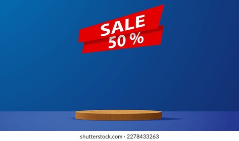 wooden podium with sale text blackground in the blue room