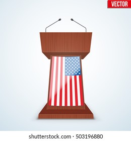 Wooden Podium Speaker Tribune with United States flag. US Election 2016 symbol. Vector Illustration Isolated on Background.