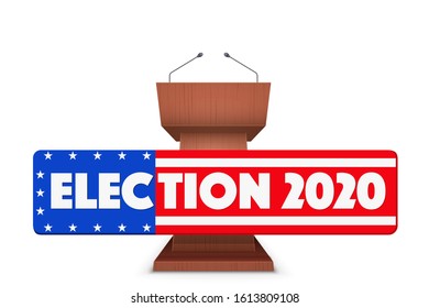 Wooden Podium Speaker Tribune With US Election 2020 Symbol. Banner In Form Of Flag Of United States. Vector Illustration Isolated On White Background.