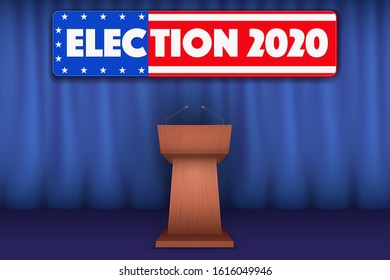 Wooden Podium Speaker Tribune with US Election 2020 symbol. Politician speaking place. Vector Illustration
