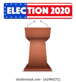 Wooden Podium Speaker Tribune With US Election 2020 Symbol. Banner In Form Of Flag Of United States. Vector Illustration Isolated On White Background.