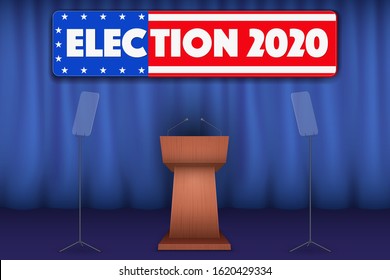 Wooden Podium Speaker Tribune with US Election 2020 symbol. Politician speaking place. Vector Illustration