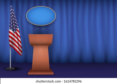 Wooden Podium Speaker Tribune USA White House Interior. Official Speech Place. Politician speaking place with flag of United States of America. Vector Illustration Isolated on white Background.