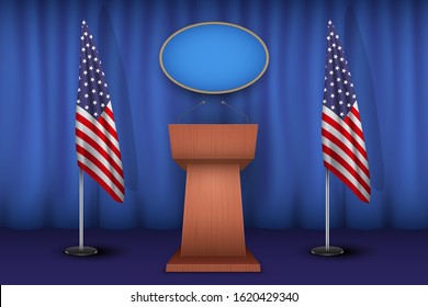 Wooden Podium Speaker Tribune USA White House Interior. Official Speech Place. Politician speaking place with flags of United States of America. Vector Illustration